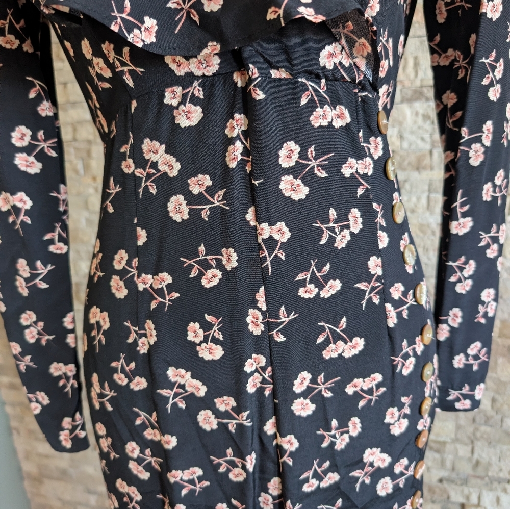 Vintage 90s Black Floral Dress Shoulder Pads Ruffle Slit Button Detail Sz 2 image 4